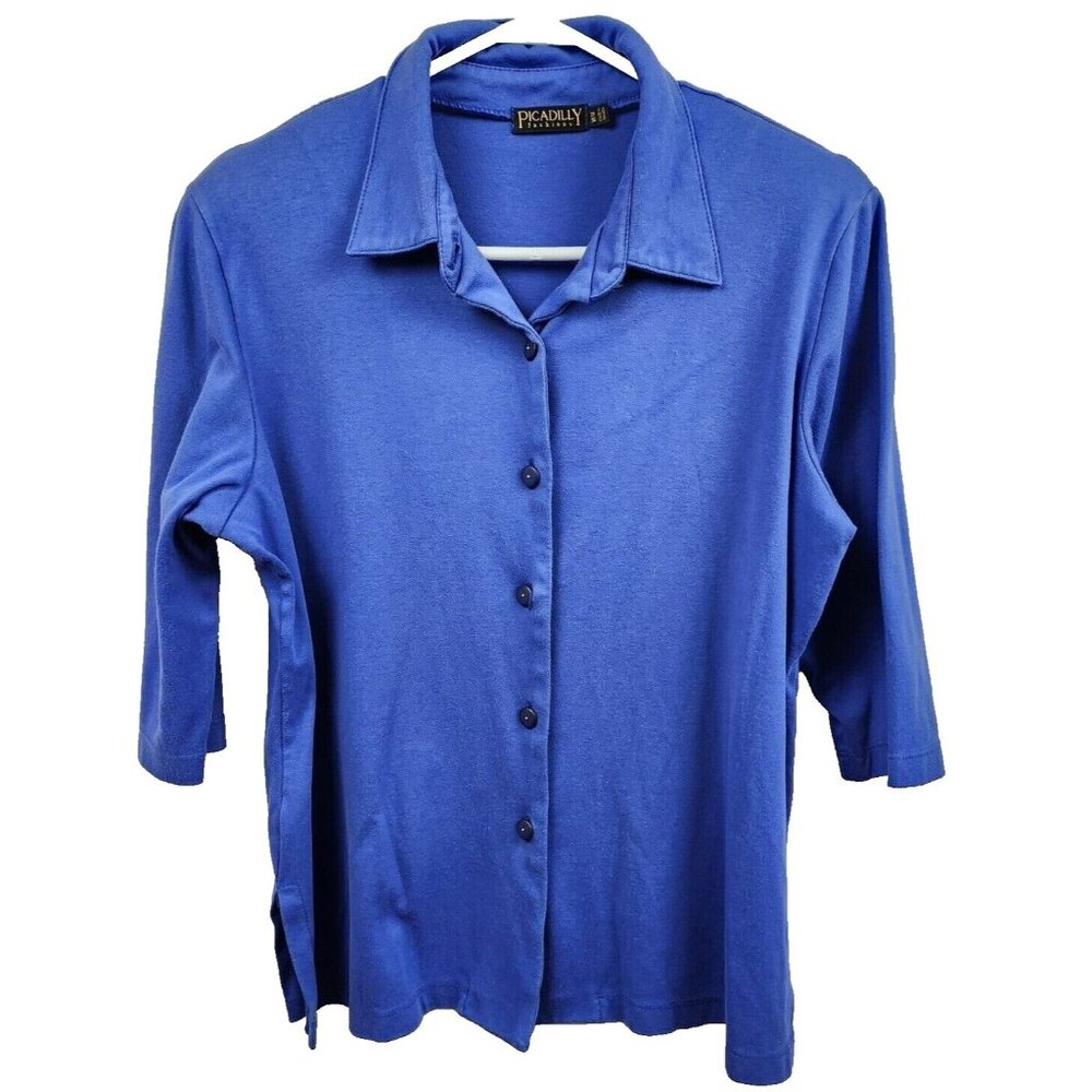 Picadilly Fashions Womens Button Up Top Medium Blue 3/4 Sleeve Stretch‎ Classic